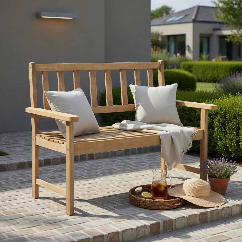 Hommoo Indonesia Teak Wood Outdoor Garden Bench for 2, Rustic Patio & Backyard Seating with Backrest, Armrests & Slatted Design, Natural