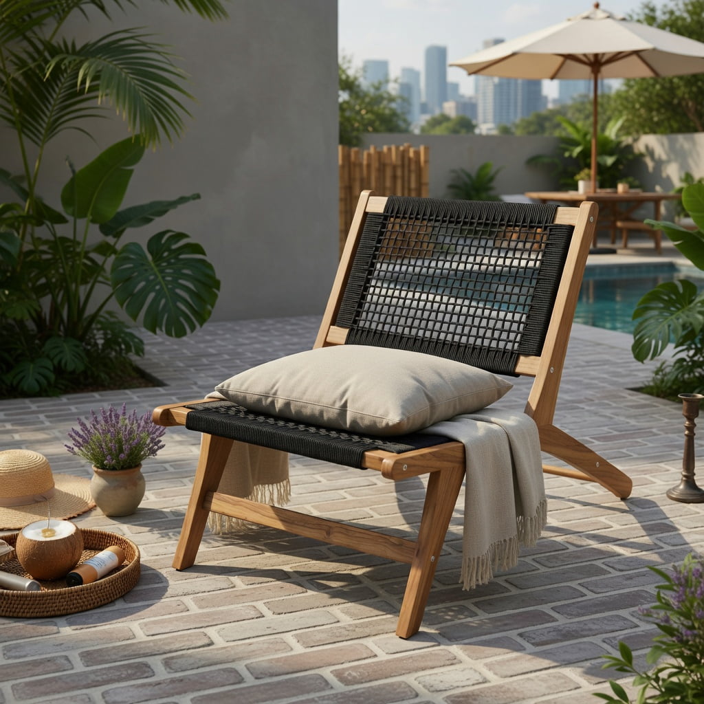 Hommoo Indoor Outdoor Teak Wood Dining Chair with Handwoven Cord Seat & Ergonomic Backrest, Natural + Black