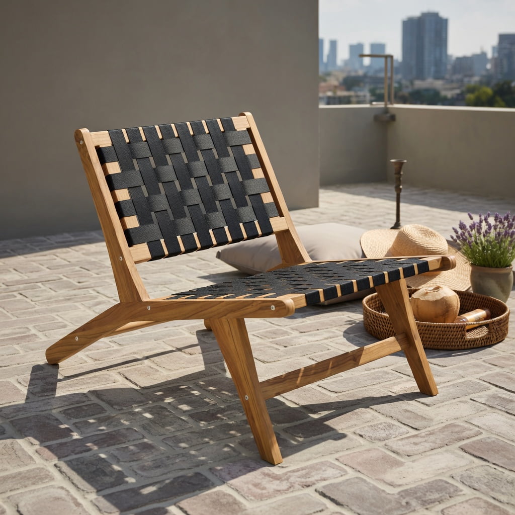 Hommoo Indoor & Outdoor Teak Wooden Chair with Woven Webbing Seat and Ergonomic Backrest, Lightweight & Weather-Resistant Patio Seating, Natural + Black