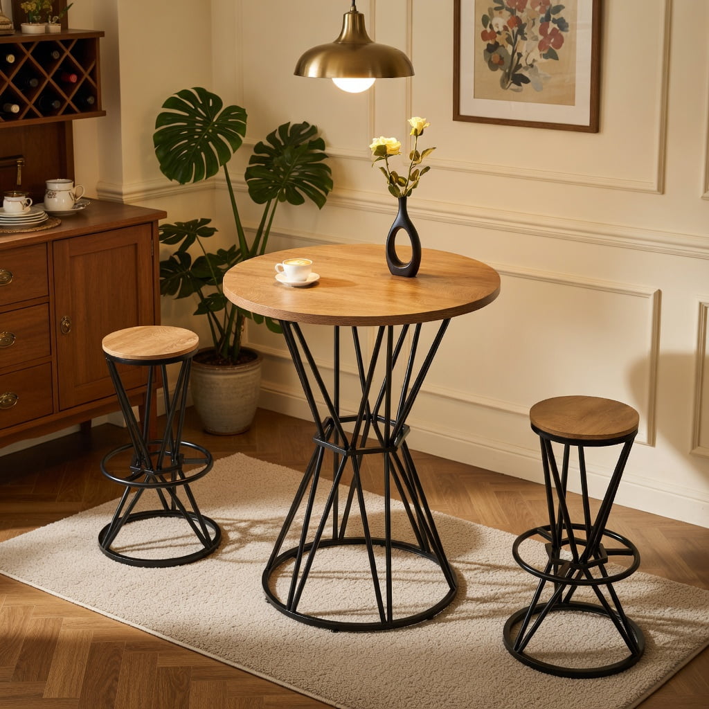 Hommoo Industrial Style 31.5-inch Wood Grain Bar Set, Metal Frame Round Table & 2 Matching Bar Stools for Kitchen Island, Small Apartment, or Home Bar, Natural & Black