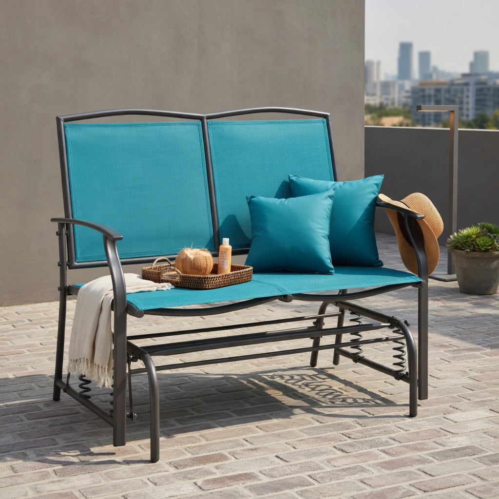 Hommoo Iron Outdoor Rocking Loveseat, Heavy-Duty Steel & Textilene Patio Chair for Backyard, Deck or Porch, 2-Person Relaxation Rocker, Turquoise