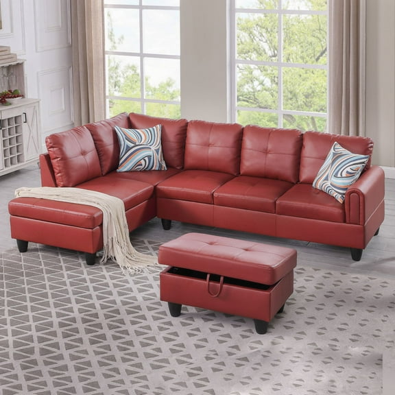 Hommoo L Shaped 4-Seat Couch, 16'' Back Faux Leather Sectional Couches and Sofas, Modern Living Room Furniture Sets Sectional Sofa Set, Red(No Ottoman)