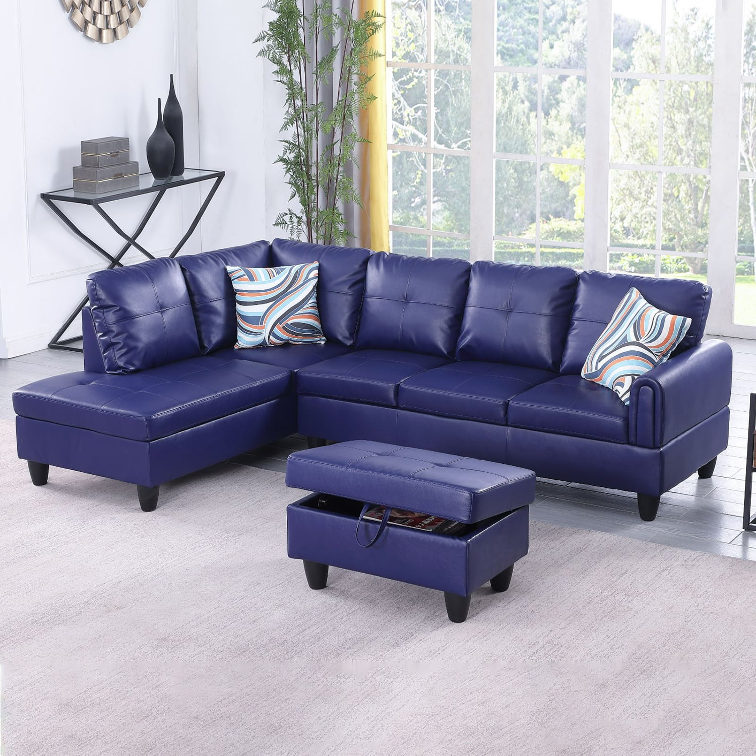 Hommoo Modern L Shaped 4 Seat Couch Faux Leather Sectional Sofa Set Blue 16 Back Height Perfect for Living Room Apartment Studio
