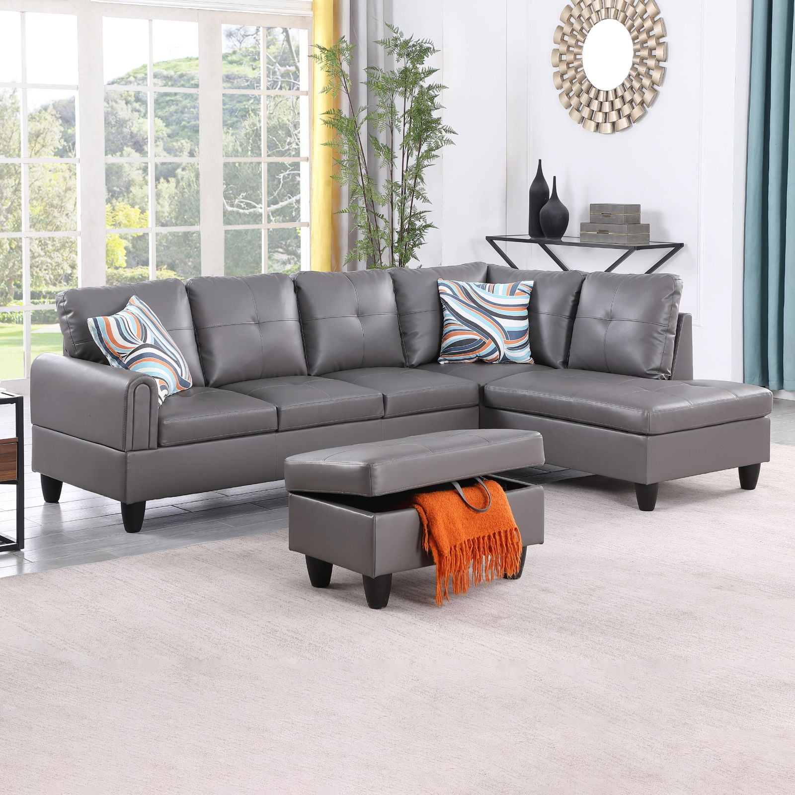 Hommoo L Shaped 4 Seat Couch Faux Leather Sectional Couches and Sofas Modern Living Room Furniture Sets Sectional Sofa Set Dark Grey No Ottoman