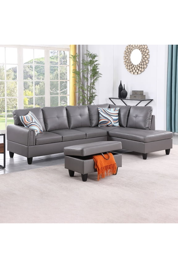 L Shaped 4-Seat Couch, Faux Leather Sectional Couches and Sofas, Modern Living Room Furniture Sets Sectional Sofa Set, Dark Grey(No Ottoman)