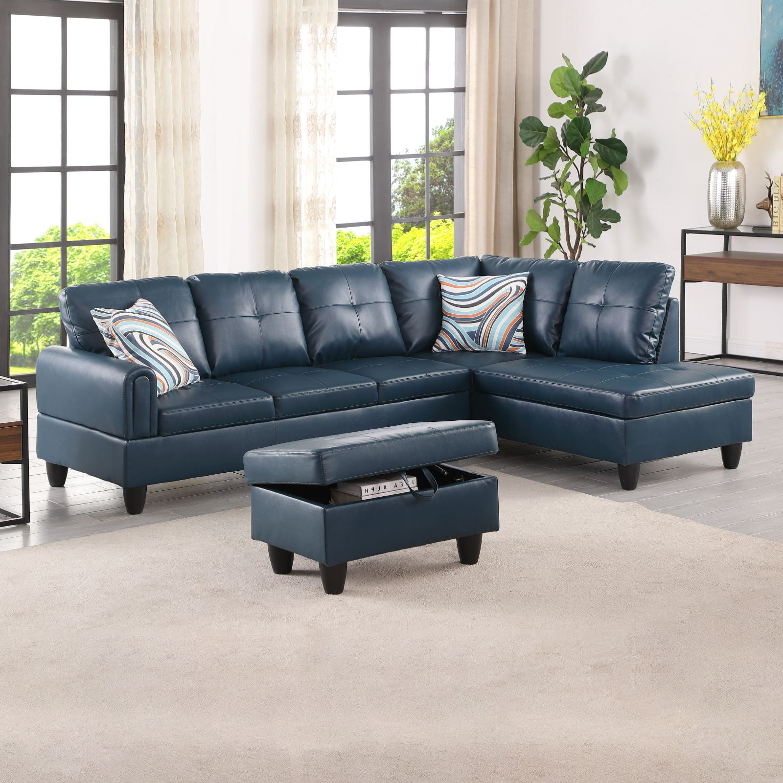 Hommoo Modern L Shaped 4 Seat Couch Faux Leather Sectional Sofa Set Denim Living Room Furniture