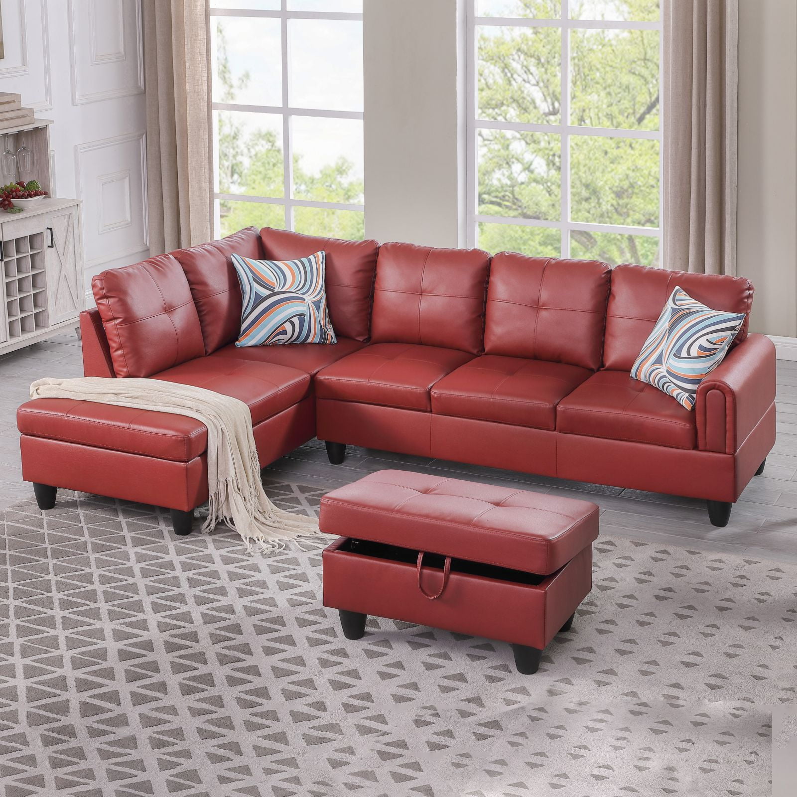 2人掛け・3人掛けソファ Stylish Red Leather Sectional Sofa Hommoo L Shaped 4-Seat Couch, Faux Leather Sectional Couches