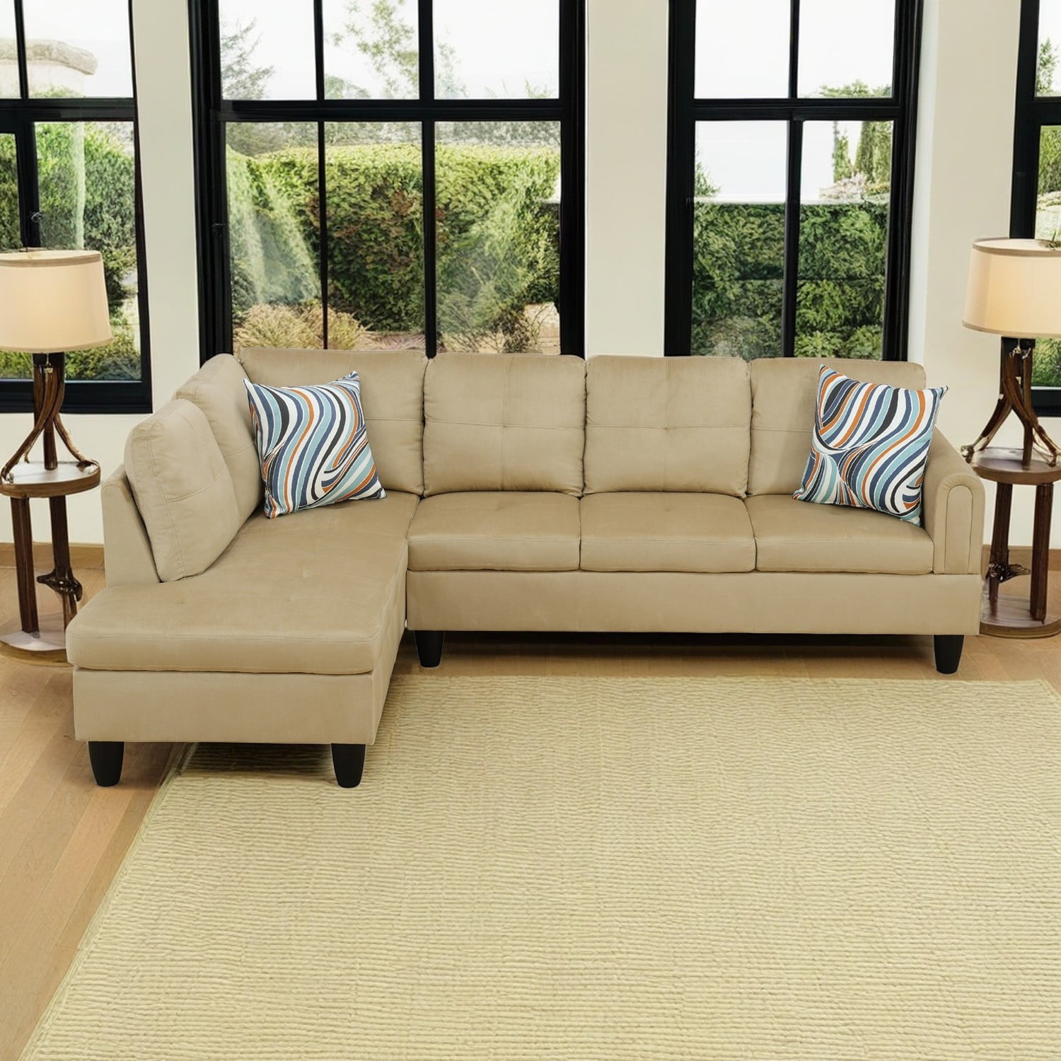 Hommoo L Shaped Couch Set Sectional Sofa, Flannel Living Room Furniture Set, 4-Seat Couches and Sofa for Home, Apartment, Dorm, Beige(No Ottoman)