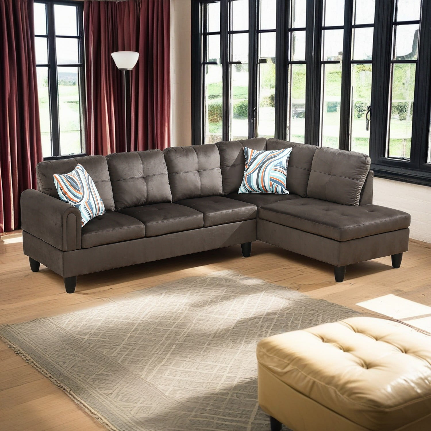 Hommoo L Shaped Couch Set Sectional Sofa Set, 4-Seat Couches and Sofa Set, Flannel Living Room Furniture Sets for Home, Apartment, Dorm, Dark Brown(No Ottoman)