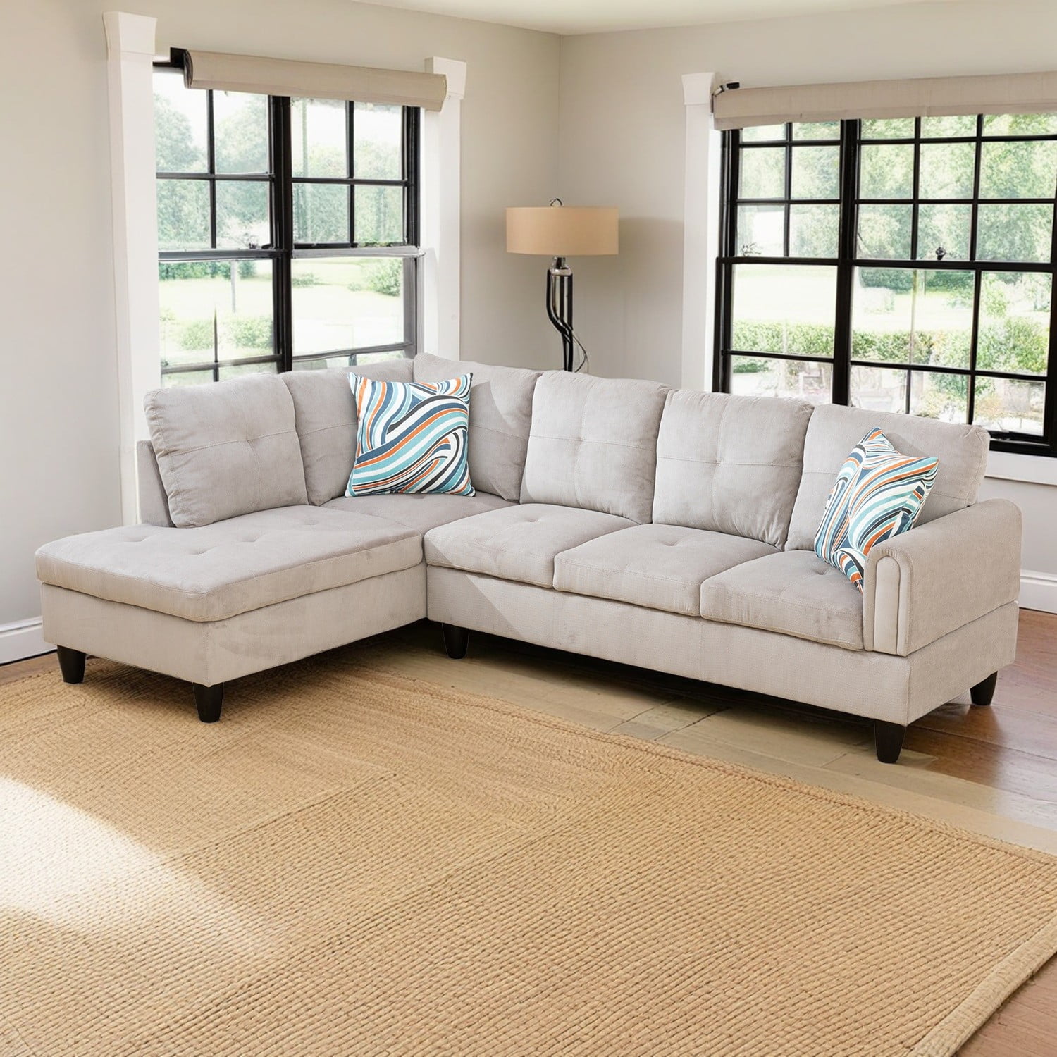 Hommoo L Shaped Couch Set Sectional Sofa Set, Corduroy Living Room Furniture Sets, 4-Seat Couches and Sofa Set for Home, Apartment, Dorm, Grey White(No Ottoman)