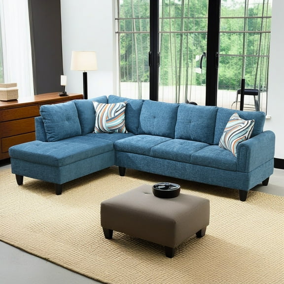 Hommoo L Shaped Couch Set Sectional Sofa Set, Flannel Living Room Furniture Sets, 4-Seat Couches and Sofa Set for Home, Apartment, Dorm, Blue(No Ottoman)