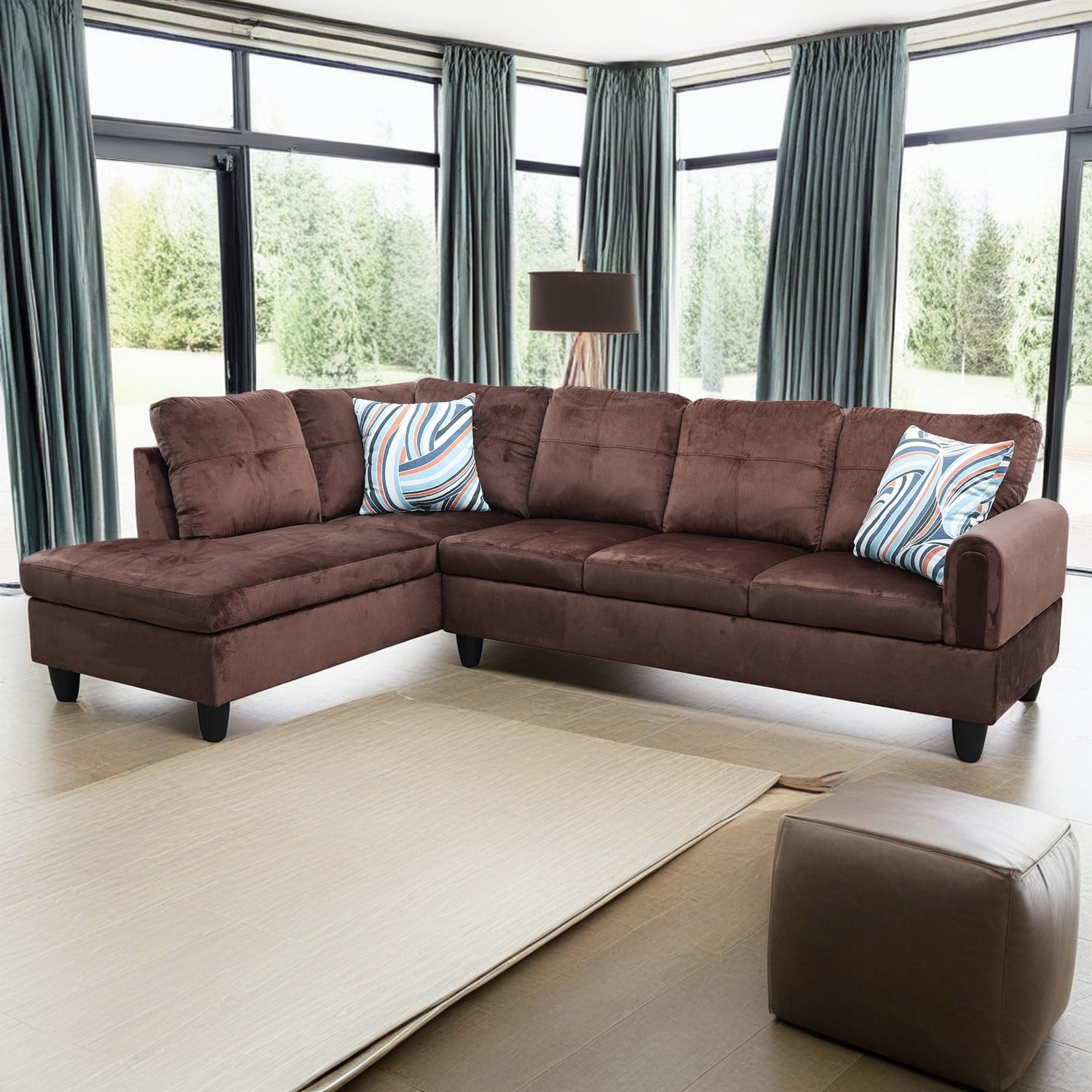 Hommoo L Shaped Couch Set Sectional Sofa Set, Flannel Living Room Furniture Sets, 4-Seat Couches and Sofa Set for Home, Apartment, Dorm, Chocolate(No Ottoman)