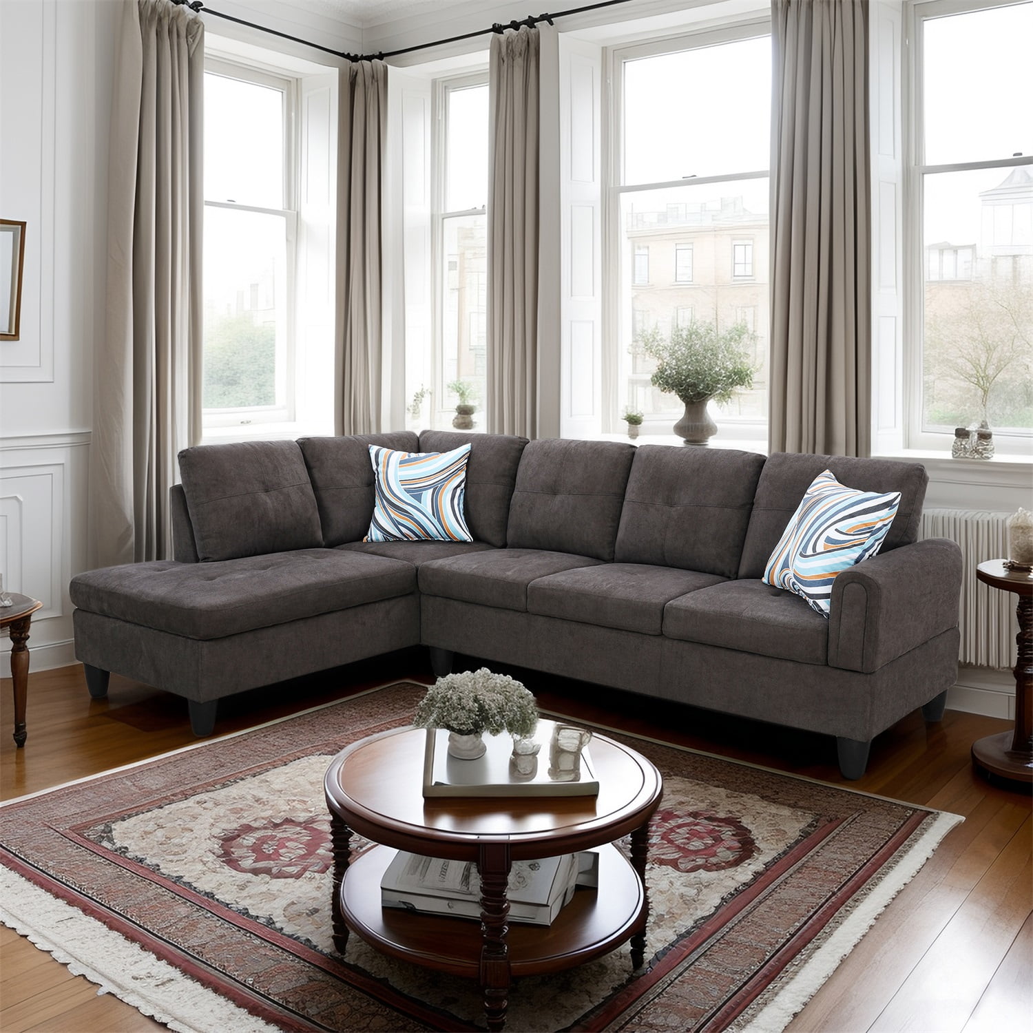 Hommoo L Shaped Couch Set Sectional Sofa Set Flannel Living Room Furniture Sets 4 Seat Couches and Sofa Set for Home Apartment Dorm Dark Brown No Ottoman Walmart Business Supplies