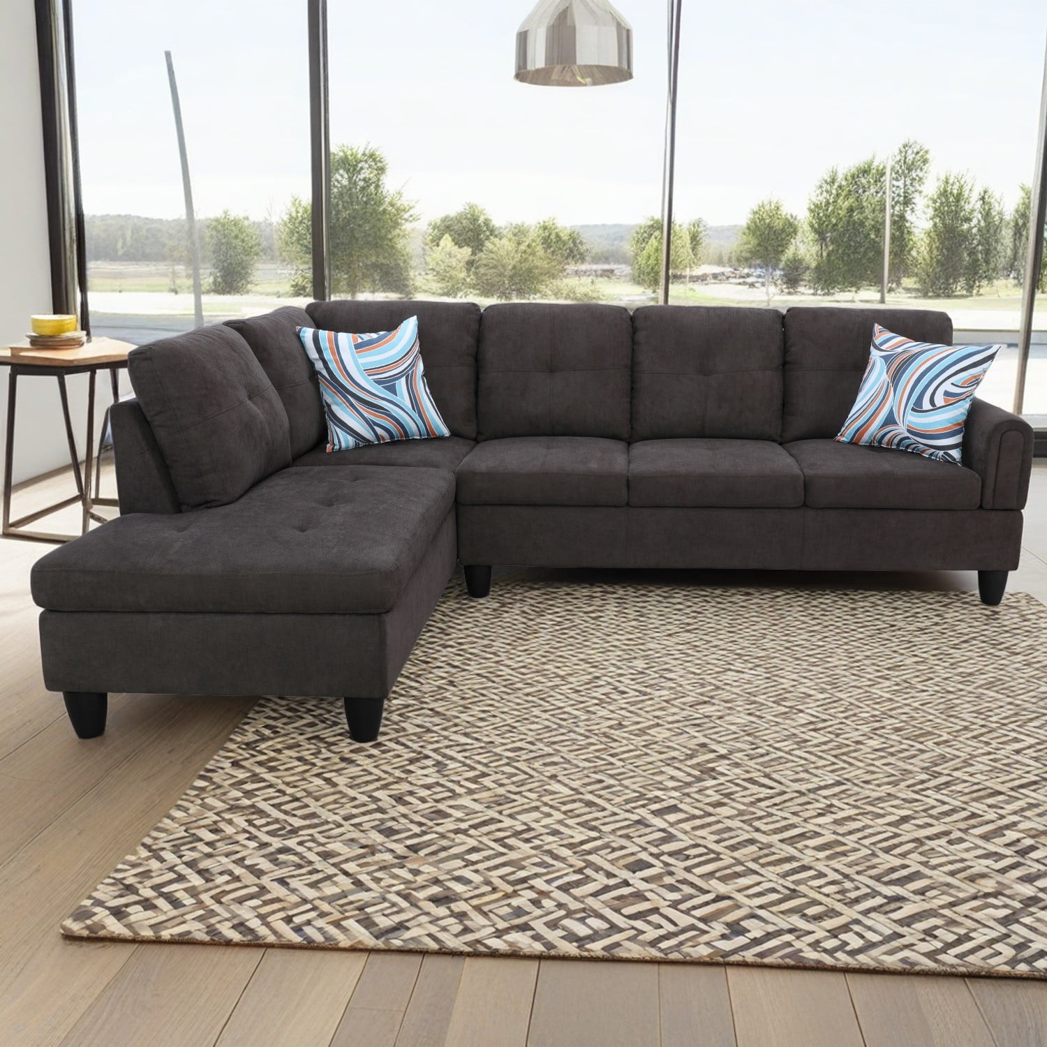 Hommoo L Shaped Couch Set Sectional Sofa Set, Flannel Living Room Furniture Sets, 4-Seat Couches and Sofa Set for Home, Apartment, Dorm, Dark Brown(No Ottoman)