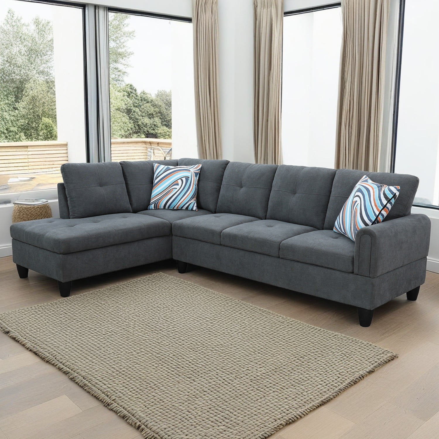 Hommoo L Shaped Couch Set Sectional Sofa Set, Flannel Living Room Furniture Sets, 4-Seat Couches and Sofa Set for Home, Apartment, Dorm, Dark Gray(No Ottoman)