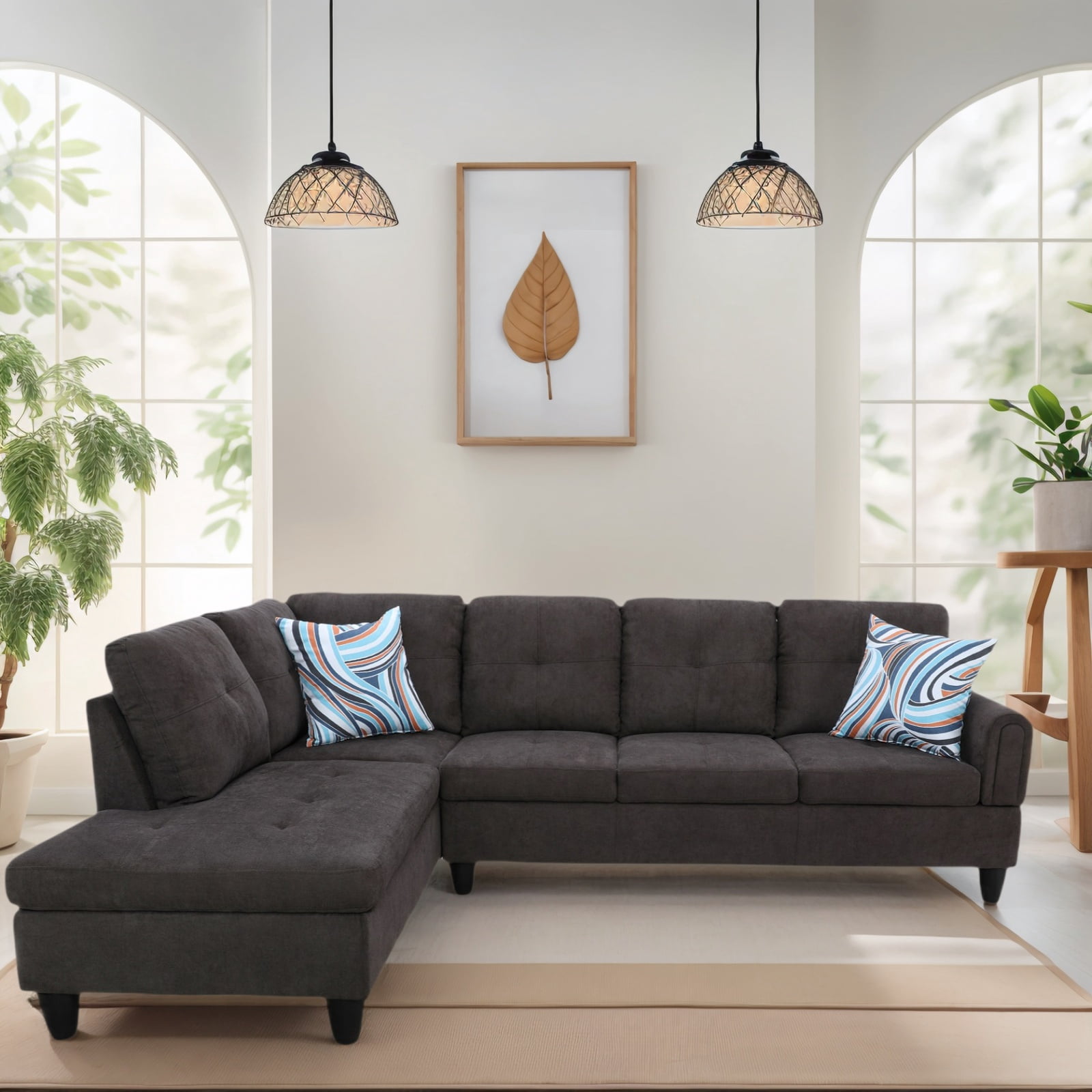 Hommoo L Shaped Couch Set Sectional Sofa Set, Flannel Living Room Furniture Sets, 4-Seat Couches and Sofa Set for Home, Apartment, Dorm, Dark Brown(No Ottoman)