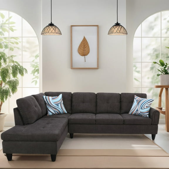 Hommoo L Shaped Couch Set Sectional Sofa Set, Flannel Living Room Furniture Sets, 4-Seat Couches and Sofa Set for Home, Apartment, Dorm, Dark Brown(No Ottoman)