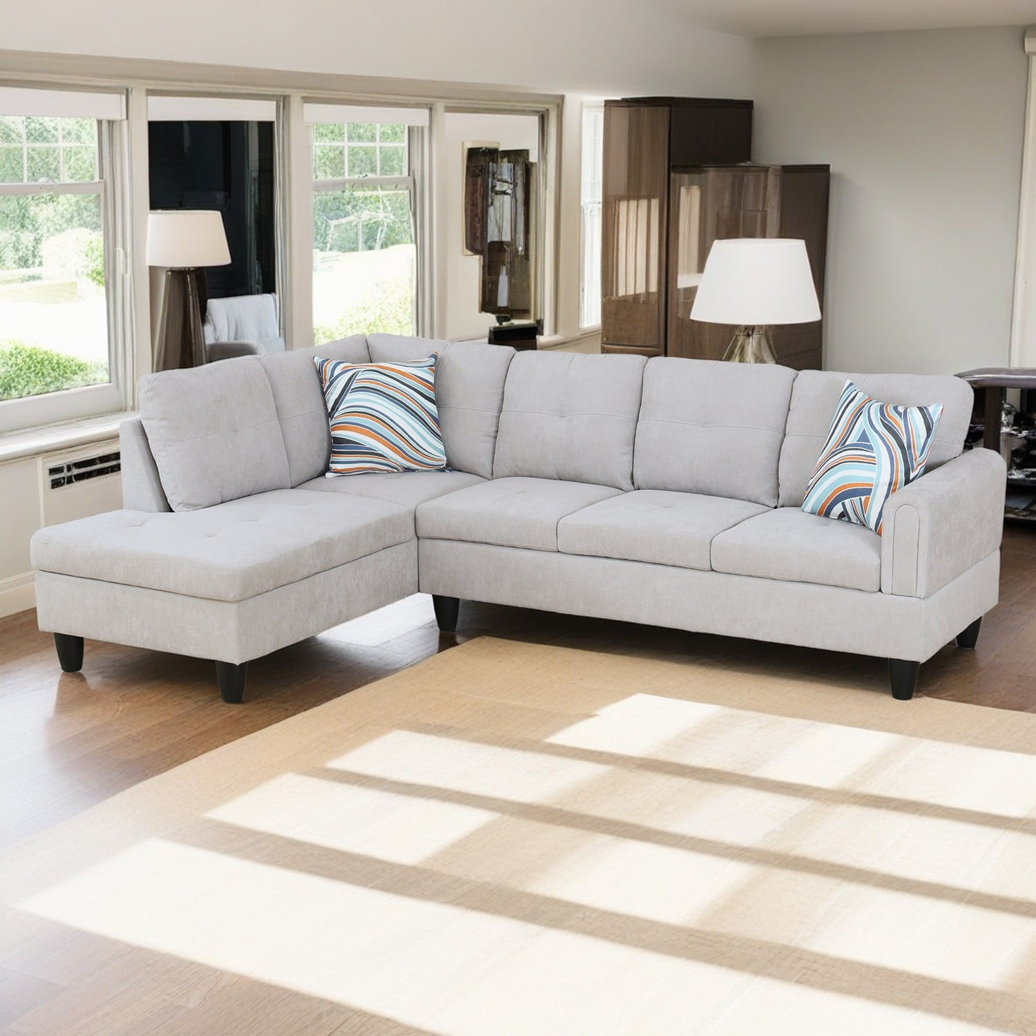 Hommoo L Shaped Couch Set Sectional Sofa Set, Flannel Living Room Furniture Sets, 4-Seat Couches and Sofa Set for Home, Apartment, Dorm, Dark White(No Ottoman)