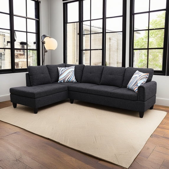 Hommoo L Shaped Couch Sofa Sectional Sofa, Linen Living Room Furniture Set, 4-Seat Couches and Sofa for Home, Apartment, Dorm, 16'' Back Height, Black Grey(No Ottomans)