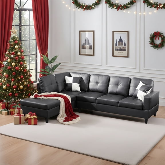 Hommoo L-Shaped Faux Leather Sectional Sofa, Modern Living Room Furniture Sets Couches and Sofas Set for Home, Black(No Ottomans)