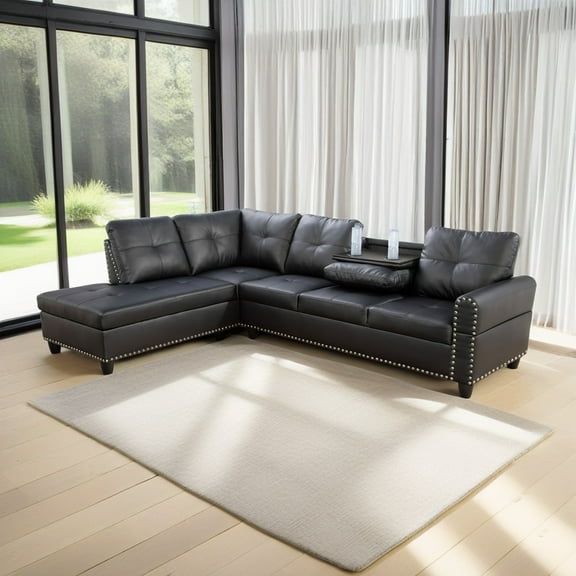 Hommoo L Shaped Flippable Backrest Sectional Couches and Sofas, 4-Seat Faux Leather Sectional Sofa Sets, Modern Living Room Furniture Sets, 15' Back Height, Black(No Ottoman)