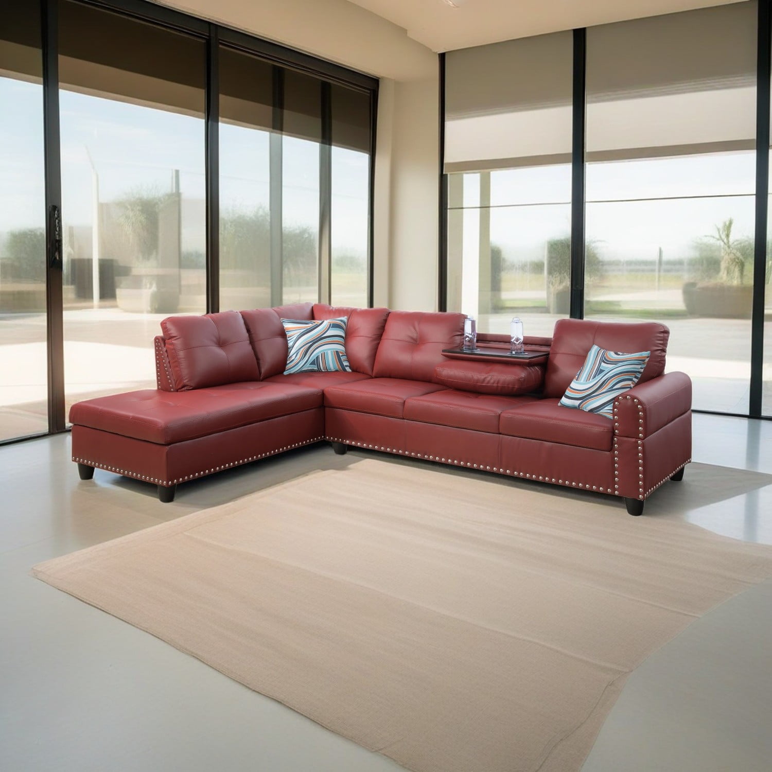 Hommoo L Shaped Flippable Backrest Sectional Couches and Sofas, 4-Seat Faux Leather Sectional Sofa Sets, Modern Living Room Furniture Sets, 15' Back Height, Red(No Ottoman)