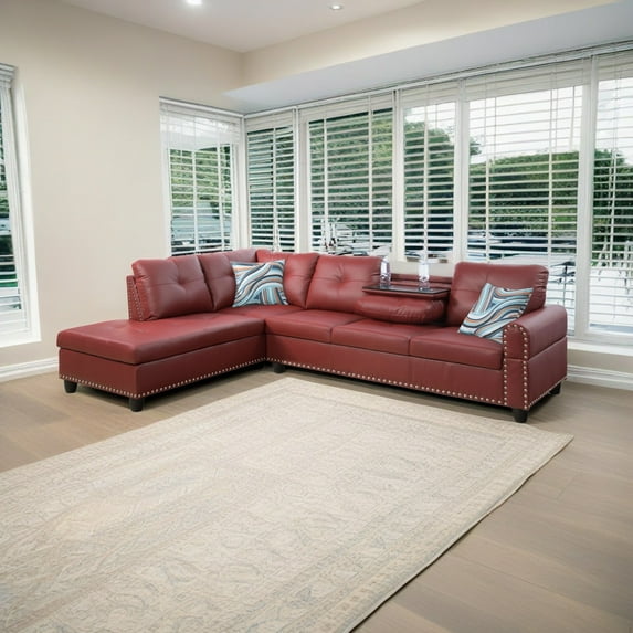 Hommoo L Shaped Flippable Backrest Sectional Couches and Sofas, 4-Seat Faux Leather Sectional Sofa Sets, Modern Living Room Furniture Sets, 15' Back Height, Red(No Ottoman)