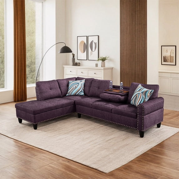 Hommoo L Shaped Flippable Backrest Sectional Couches and Sofas, 4-Seat Linen Sectional Sofa Sets, Modern Living Room Furniture Sets, 15' Back Height, Amaranth(No Ottoman)