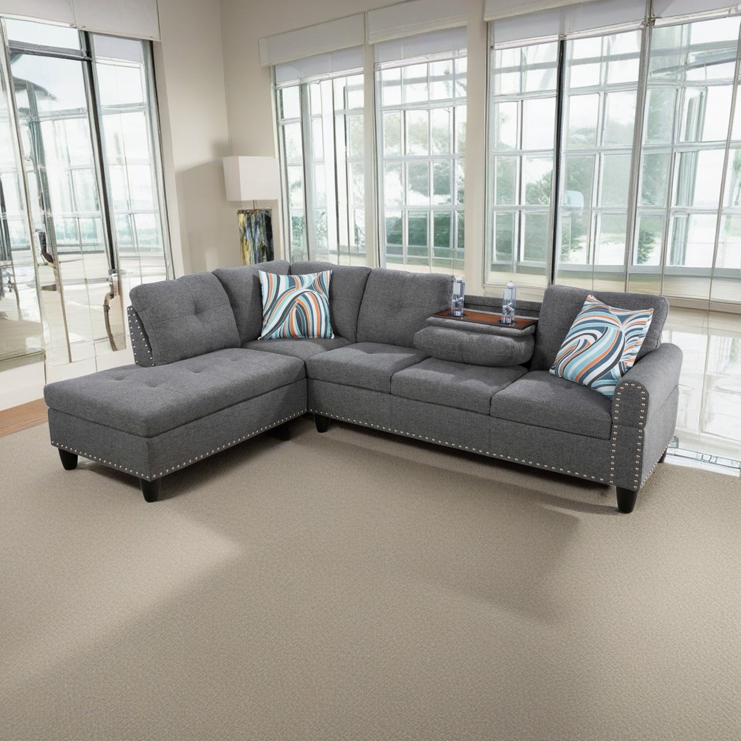 Hommoo L Shaped Flippable Backrest Sectional Couches and Sofas, 4-Seat Linen Sectional Sofa Sets, Modern Living Room Furniture Sets, 15' Back Height, Grey(No Ottoman)