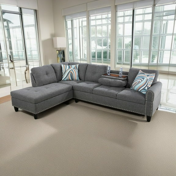 Hommoo L Shaped Flippable Backrest Sectional Couches and Sofas, 4-Seat Linen Sectional Sofa Sets, Modern Living Room Furniture Sets, 15' Back Height, Grey(No Ottoman)