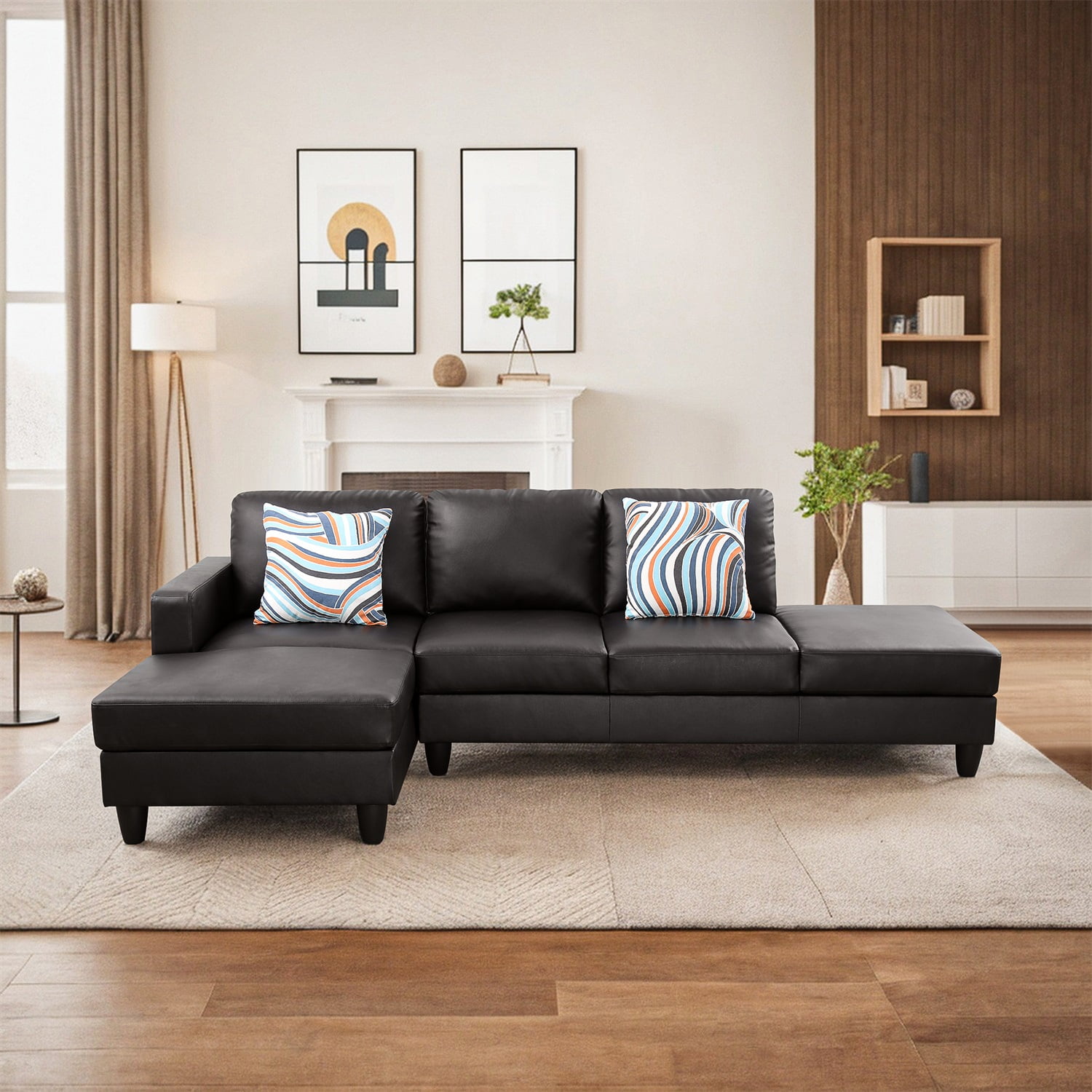 Hommoo L-Shaped Sectional Couch, Faux Leather Living Room Furniture Set for Apartment/Upstairs Loft/Living Room, Black(No Ottoman)