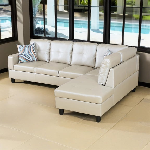 Hommoo L Shaped Sectional Couches and Sofas, 4-Seat Semi Semi PU Synthetic Leather Sectional Sofa Sets, Modern Living Room Furniture Sets, 17.5'' Back Height, Latte(No Ottoman)