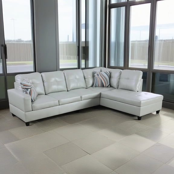 Hommoo L Shaped Sectional Couches and Sofas, 4-Seat Semi Semi PU Synthetic Leather Sectional Sofa Sets, Modern Living Room Furniture Sets, 17.5'' Back Height, Silver Green(No Ottoman)
