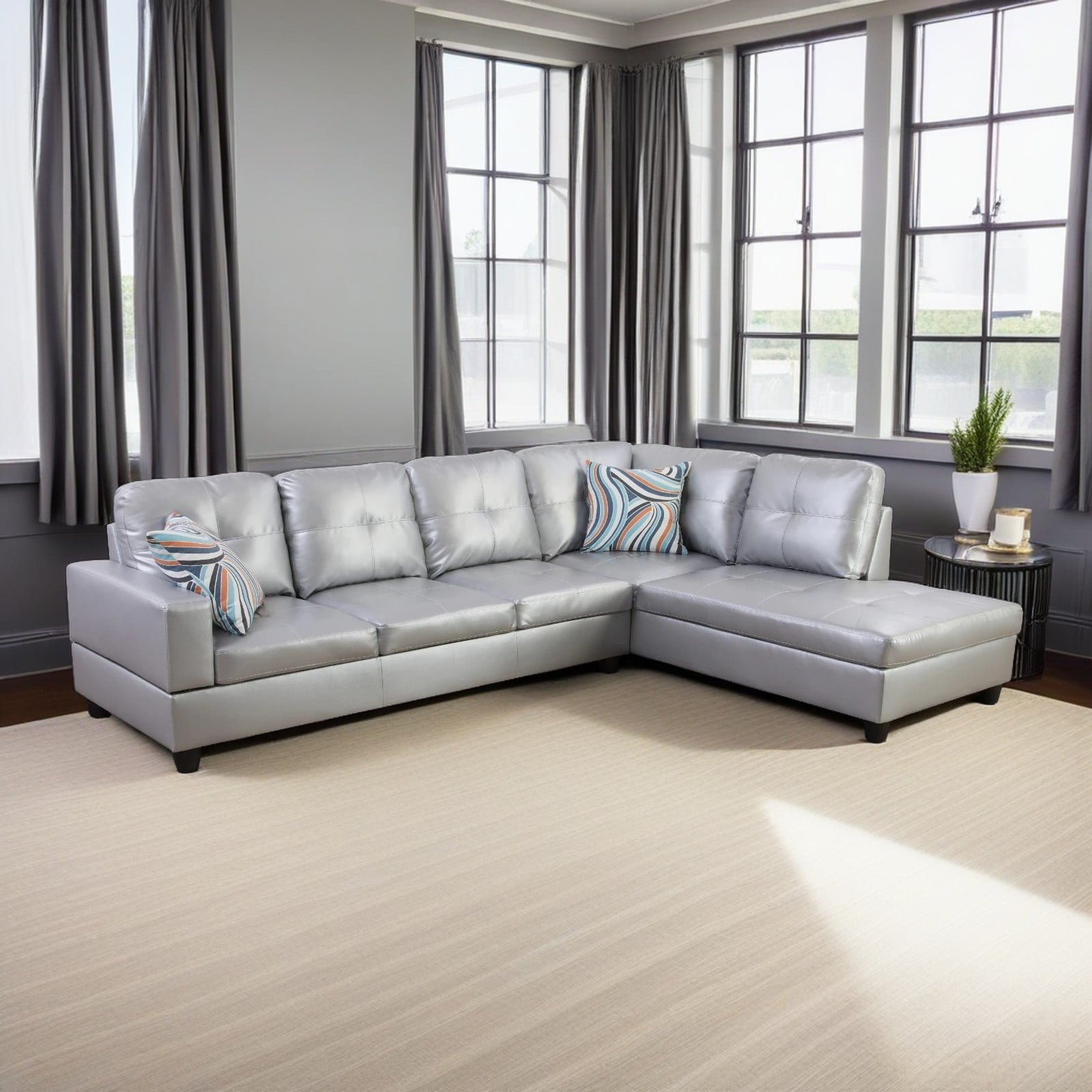 Hommoo L Shaped Sectional Couches and Sofas, 4-Seat Semi Semi PU Synthetic Leather Sectional Sofa Sets, Modern Living Room Furniture Sets, 17.5'' Back Height, Silver White(No Ottoman)