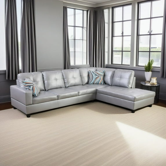 Hommoo L Shaped Sectional Couches and Sofas, 4-Seat Semi Semi PU Synthetic Leather Sectional Sofa Sets, Modern Living Room Furniture Sets, 17.5'' Back Height, Silver White(No Ottoman)