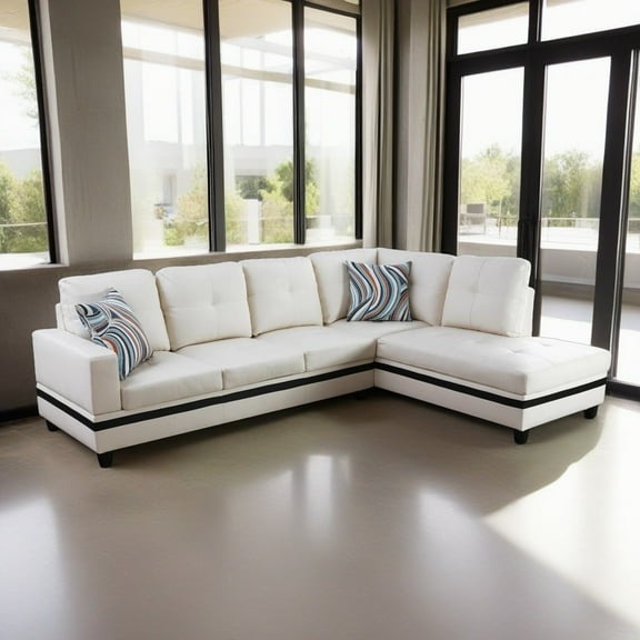 Hommoo L Shaped Sectional Couches and Sofas, 4-Seat Semi Semi PU Synthetic Leather Sectional Sofa Sets, Modern Living Room Furniture Sets, 17.5'' Back Height, White and Black(No Ottoman)