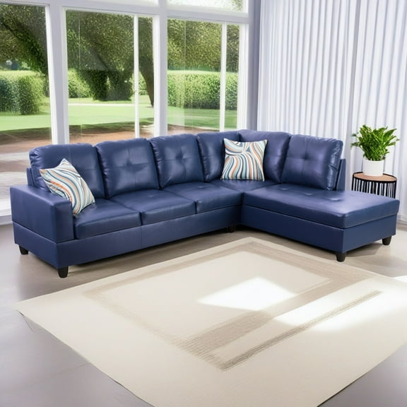 Hommoo L Shaped Sectional Couches and Sofas, 4-Seat Semi Semi PU Synthetic Leather Sectional Sofa Sets, Modern Living Room Furniture Sets, 17.5'' Back Height, Blue(No Ottoman)