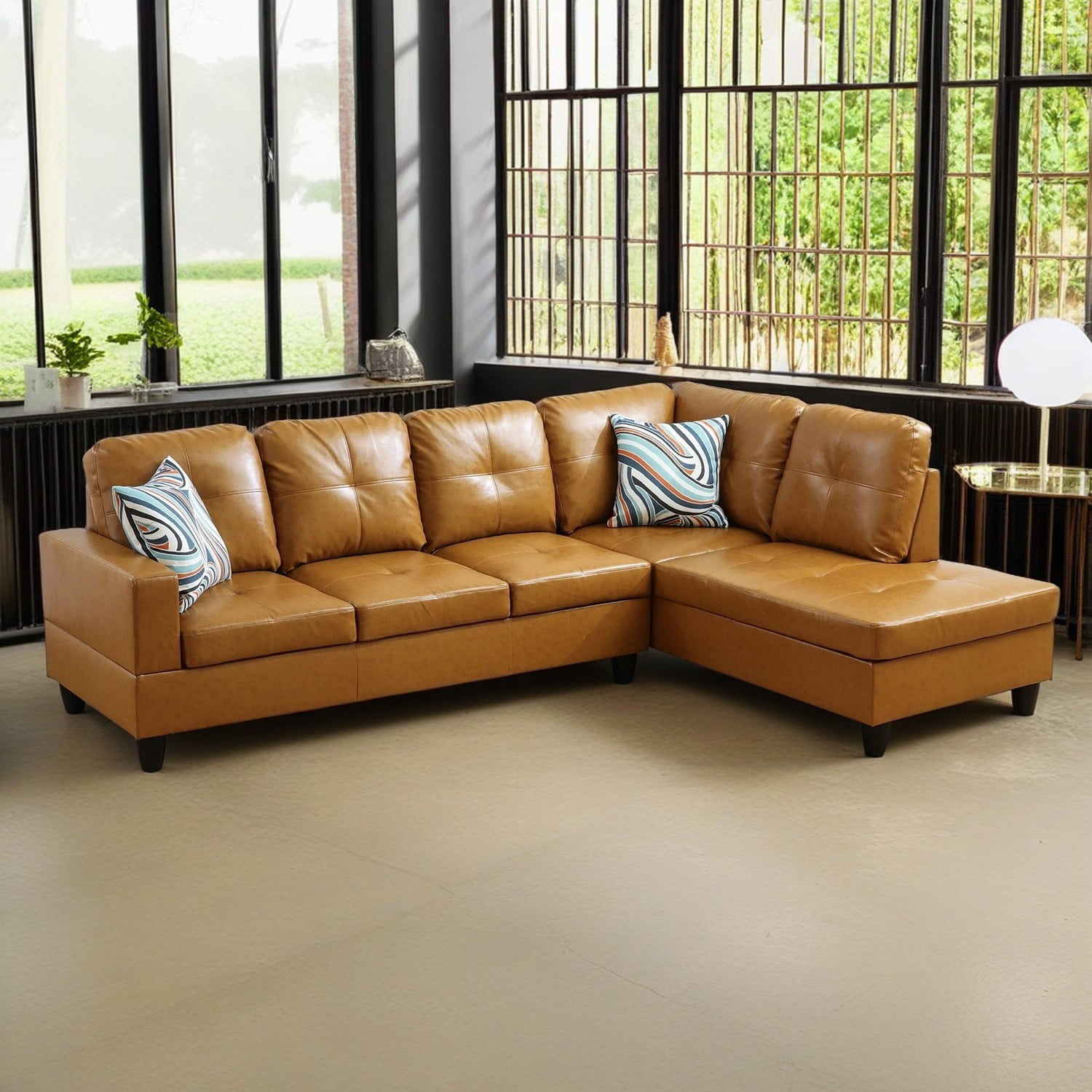 Hommoo L Shaped Sectional Couches and Sofas, 4-Seat Semi Semi PU Synthetic Leather Sectional Sofa Sets, Modern Living Room Furniture Sets, 17.5'' Back Height, Turmeric(No Ottoman)