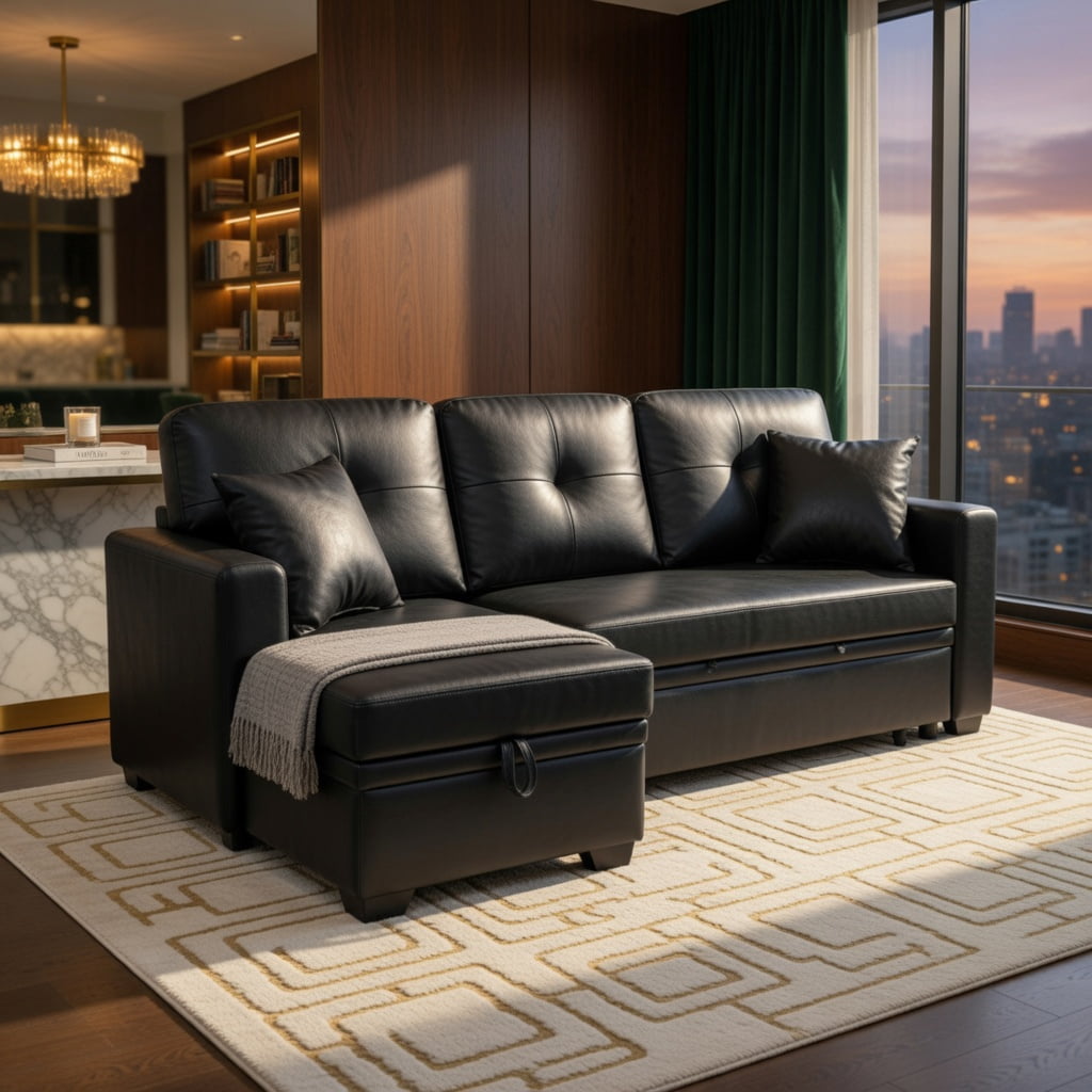Hommoo L-Shaped Sleeper Sectional Sofa with Pull-Out Bed, Reversible Chaise & Hidden Storage, Contemporary Convertible Living Room Furniture for Small Spaces, Black