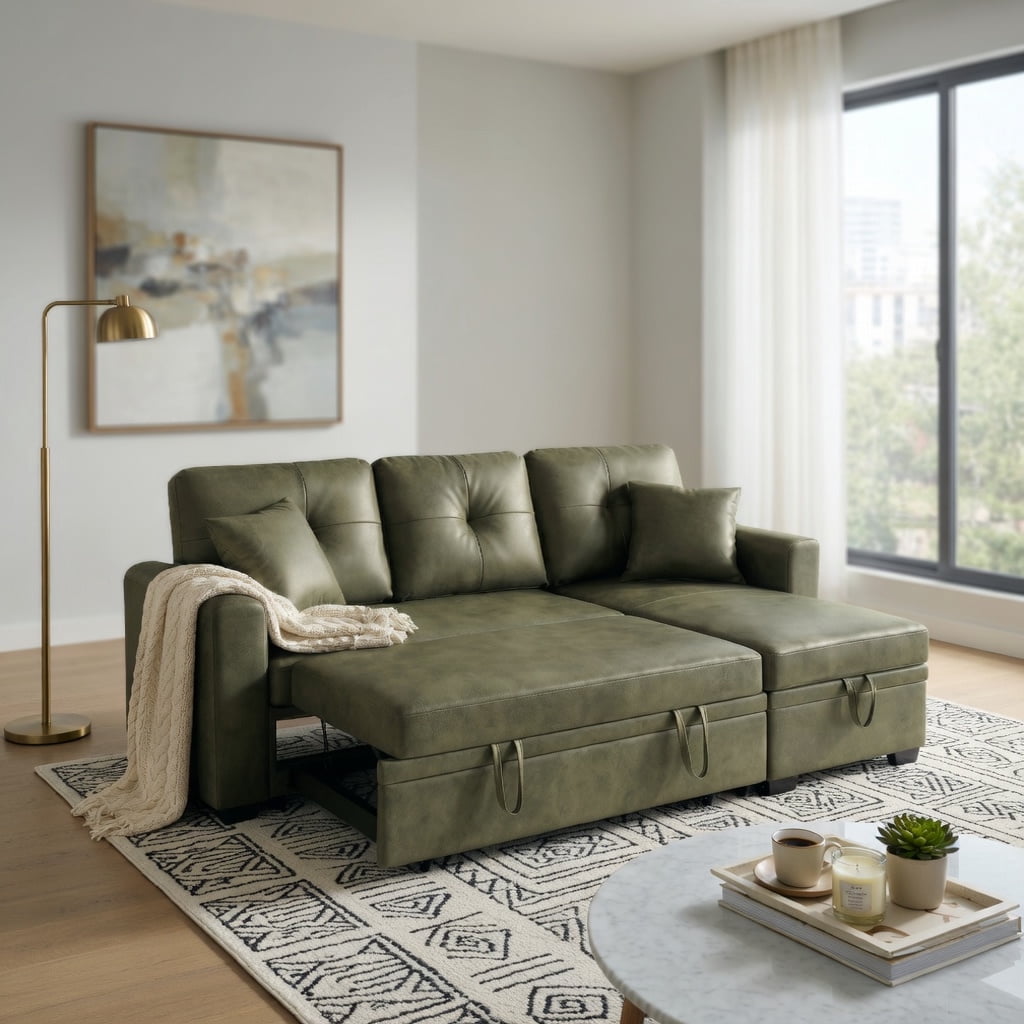 Hommoo L-Shaped Sleeper Sectional Sofa with Pull-Out Bed, Reversible Chaise & Hidden Storage, Convertible Living Room Furniture for Small Spaces, Olive Green
