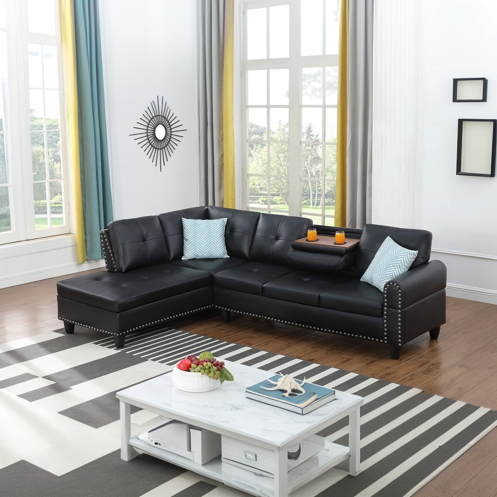 Hommoo L-Shaped Upholstered Faux Leather Sectional Sofa Couch with Storage and Cup Holders, Living Room Sofa Set, No Ottoman, Black