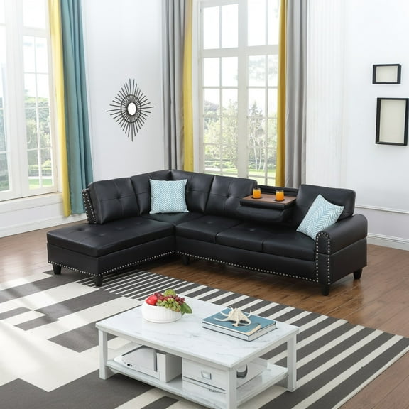 Hommoo L-Shaped Upholstered Faux Leather Sectional Sofa Couch with Storage and Cup Holders, Living Room Sofa Set, No Ottoman, Black