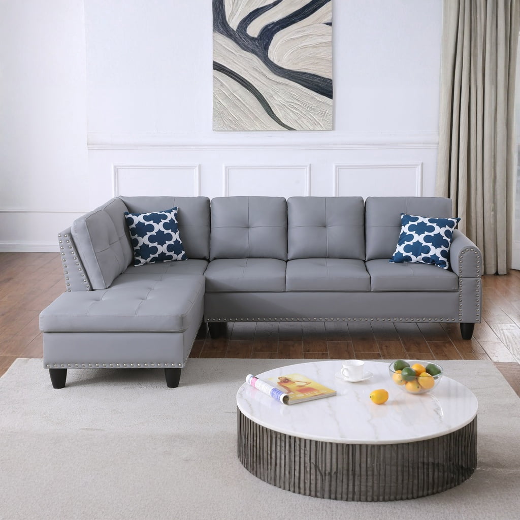 Hommoo L-Shaped Upholstered Sectional Sofa Couch with Storage & Cup Holders, Faux Leather Living Room Sofa Set, No Ottoman, Gray