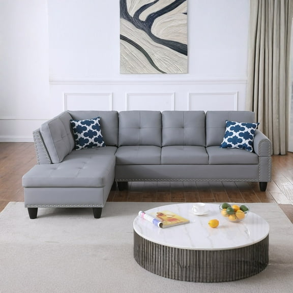 Hommoo L-Shaped Upholstered Sectional Sofa Couch with Storage & Cup Holders, Faux Leather Living Room Sofa Set, No Ottoman, Gray