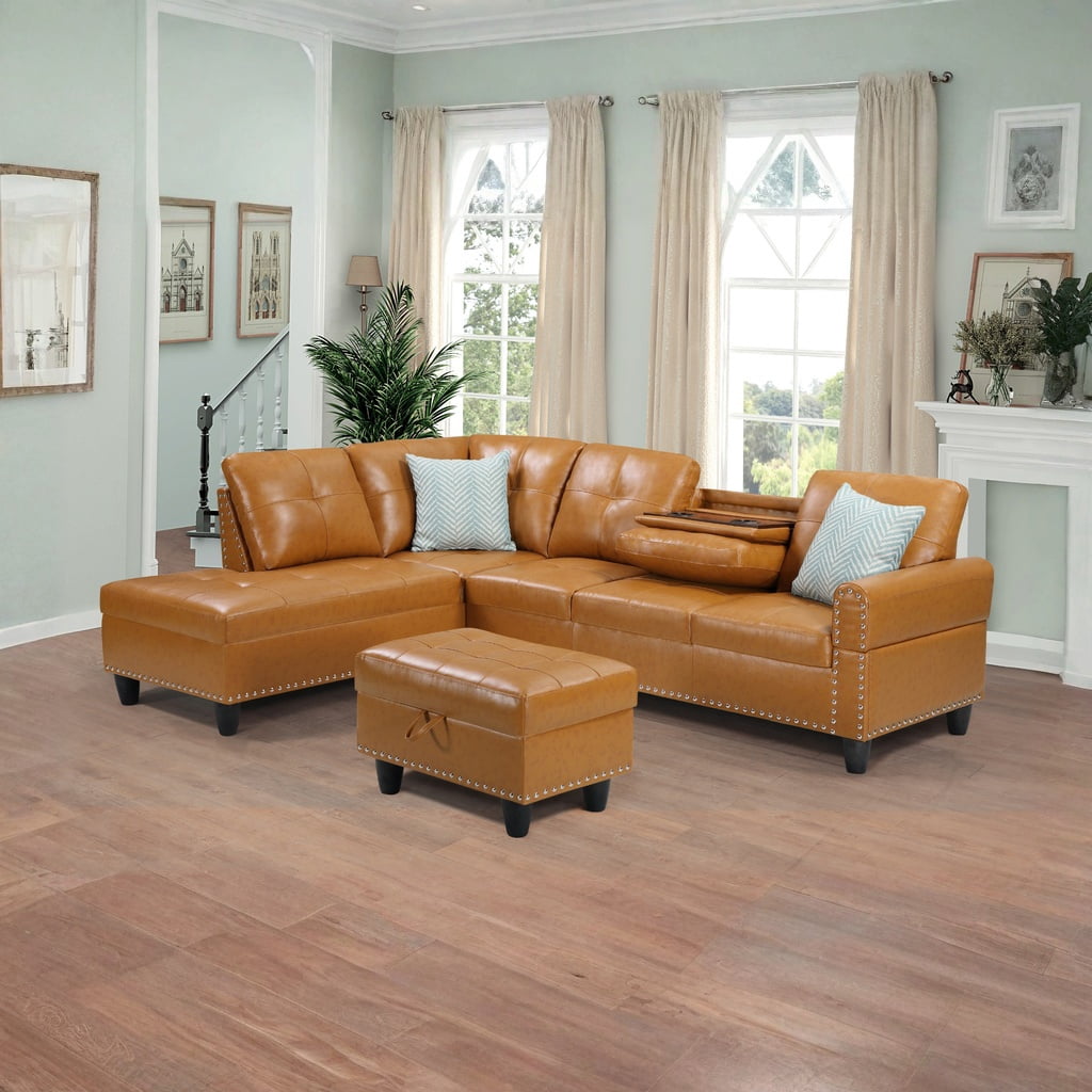 Hommoo L-Shaped Upholstered Sectional Sofa Couch with Storage & Cup Holders, Faux Leather Living Room Sofa Set, With Ottoman, Ginger