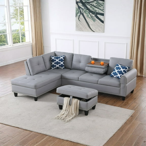 Hommoo L-Shaped Upholstered Sectional Sofa Couch with Storage & Cup Holders, Faux Leather Living Room Sofa Set, With Ottoman, Gray