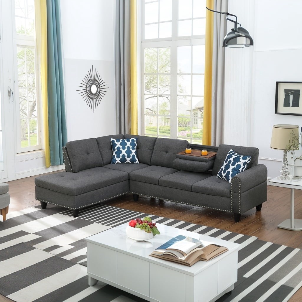 Hommoo L-Shaped Upholstered Sectional Sofa Couch with Storage & Cup Holders, Linen Living Room Sofa Set, No Ottoman, Dark Gray