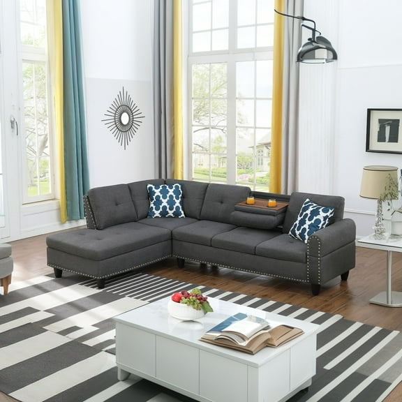 Hommoo L-Shaped Upholstered Sectional Sofa Couch with Storage & Cup Holders, Linen Living Room Sofa Set, No Ottoman, Dark Gray