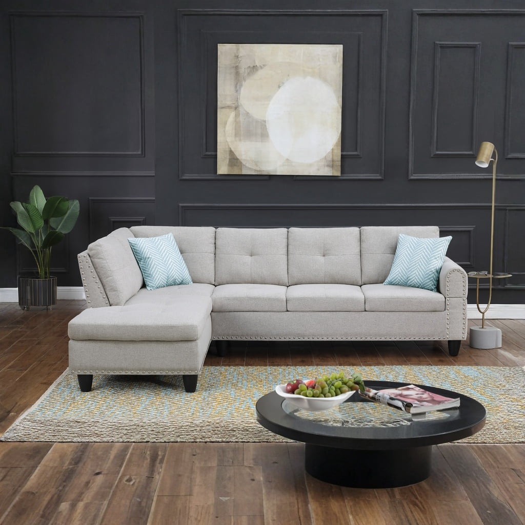Hommoo L-Shaped Upholstered Sectional Sofa Couch with Storage & Cup Holders, Linen Living Room Sofa Set, No Ottoman, Light Gray