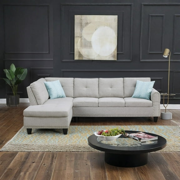 Hommoo L-Shaped Upholstered Sectional Sofa Couch with Storage & Cup Holders, Linen Living Room Sofa Set, No Ottoman, Light Gray